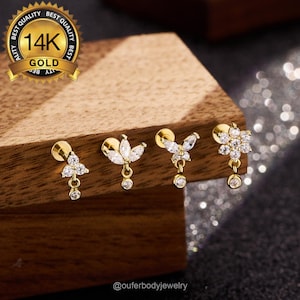 Petit pendentif en or massif 14 carats, boucle d'oreille cartilage sans filetage papillon/fleur/Lotus/bouton labret à épingles/nez/tragus/conque/clous à dos plat hélice