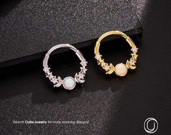 16G Opal Moon Phase Septum Ring/Daith Earring/Helix Hoop/Cartilage Earring/Moon Star Septum Piercing/Higned Segment Clicker/Septum Jewelry
