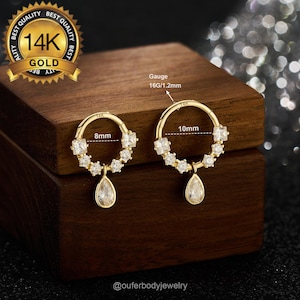 16G 14K 9K Solid Gold Teardrop Dangle CZ Septum Ring/Dangle Helix Hoop/Conch Hoop/Septum Clicker/Cartilage Hoop/Minimalist Earring/Gifts