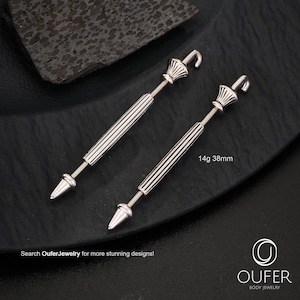 Umbrella Style Industrial Barbell – 14G 38mm Cartilage Bar, Silver Scaffold Earring, Unique Ear Bridge Piercing Jewelry, Chunky Industrial