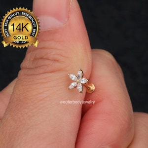 14K Gold Flower Threadless Push Pin Labret Stud/Cartilage earring/Threadless end/Nose stud/Tragus/Conch/Helix Studs/Flat Back/Gift for her