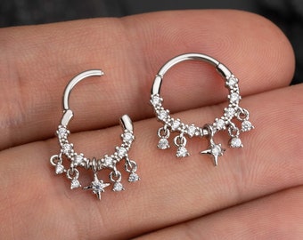 16G Sparkly Dangle CZ Septum Ring/Star Septum Jewelry/Silver Daith Earrings/Cartilage/Helix Hoop/Conch Hoop/Danity Earrings/Tragus Hoop/Gift