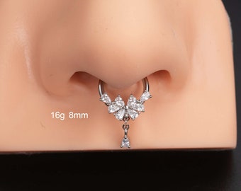 Bague de septum pendante fleur 16 g/boucles d'oreilles Daith/créoles hélicoïdales/clic de septum/bijoux de septum/septum en argent à charnière/tragus/créoles de conque/cadeau