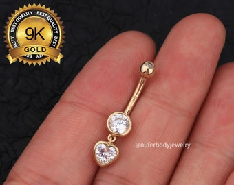 9K Solid Gold Heart CZ Belly Button Ring/Dangle Navel Ring/Belly Ring/Belly Jewelry/Belly Piercing/Navel Piercing/Navel Jewelry/Gift For Her