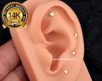 14K Solid Gold Threadless Push In Labret Stud Earring Hart/Ster/Driehoek/Maan Neus Piercing Stud/Forward Helix stud/Conch Stud/Tragus Stud