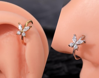 18G 20G Butterfly CZ Nose Ring/Nose Hoop/Helix Hoop Earring/Cartilage Earring/Conch/Tragus/Rook Hoop Earring/Silver Nose Ring/Gold Earrings