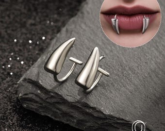 2PCS 316L Stainless Steel Fake Lip Ring, Vampire Fangs Lip Cuff Piercing Jewelry Hoops, Faux Non-Piercing Labret, Snake Bites, Silver/Black