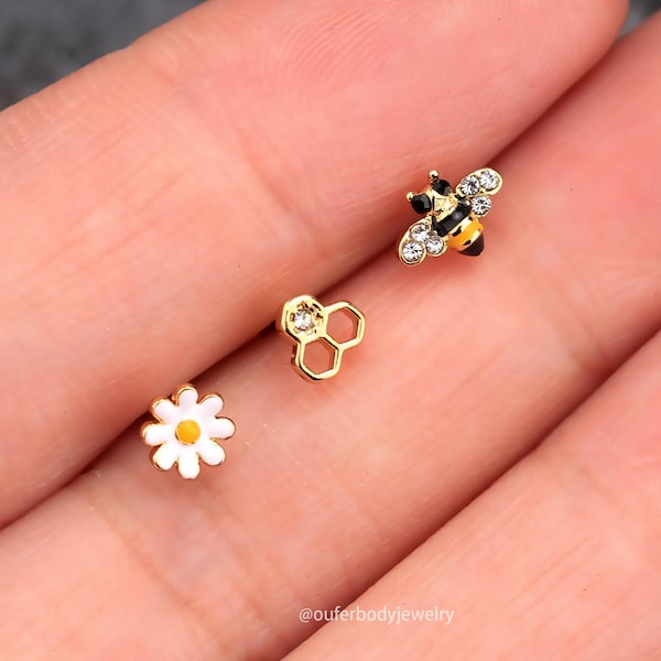 3Pieces 20G Bee Honeycomb Flower L Shape Nose Studs/Nose Ring/Nose Jewelry/Nose Piercing/Nostril Jewelry/Tiny Gold Nose Studs/Gift For Her