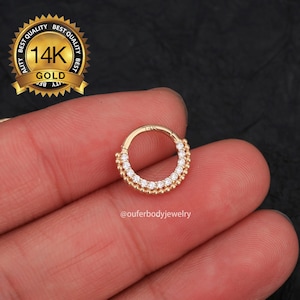 14K Solid Gold CZ beaded Septum Ring/Daith Earrings/Cartilage Hoop/Septum hoop/Helix piercing/Rook hoop/Tragus hoop/Daith Hoop 8mm/Gifts