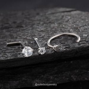 3PCS 20G Titanium CZ Nose Ring Pack/Nose Piercing/C Nose Hoop/L Shape Nose Ring/Nose Bone/Nose Jewelry/Nostril Jewelry/Tiny Silver Nose Stud