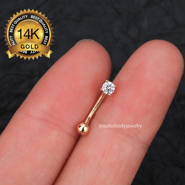 14K Gold Round CZ Curved Barbell Earring/16g Rook Piercing/Eyebrow Piercing Jewelry/Daith Jewelry/Rook earring/Dainty earring/Gift for her