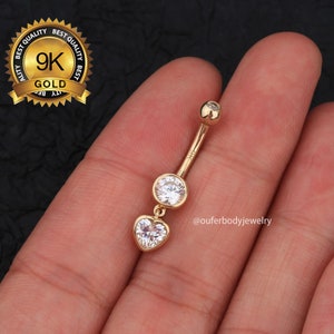 9K Solid Gold Heart CZ Belly Button Ring/Dangle Navel Ring/Belly Ring/Belly Jewelry/Belly Piercing/Navel Piercing/Navel Jewelry/Gift For Her
