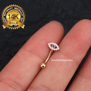 14K Solid Gold Evil Eye Eyebrow Ring/Rook Barbell/Curved Barbell/Rook Earring/Rook Piercing/Eyebrow Piercing/Cartilage Piercing/Gift For Her