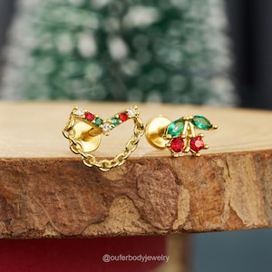 16G Internally Threaded Gold Christmas Labret Stud/Cartilage Chain earring/Cherry Flat back helix stud/Tiny tragus Jewelry/conch Stud/Gift