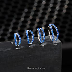 20G Blue CZ Double Hoop Nose Ring/Cartilage Hoop/Conch Earring/Nostril Hoop/Tragus Jewelry/Helix Hoop/Sapphire Paved CZ Cartilage Earring