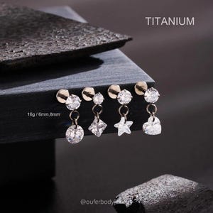 16G Implant-Grade Titanium Threadless CZ Dangle Earring, Round/Heart/Square/Star Charm,Cartilage,Helix,Conch,Labret Push Pin Flat Back Studs