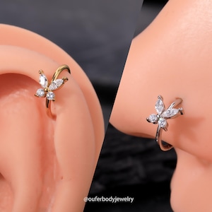 18G 20G Butterfly CZ Nose Ring/Nose Hoop/Helix Hoop Earring/Cartilage Earring/Conch/Tragus/Rook Hoop Earring/Silver Nose Ring/Gold Earrings