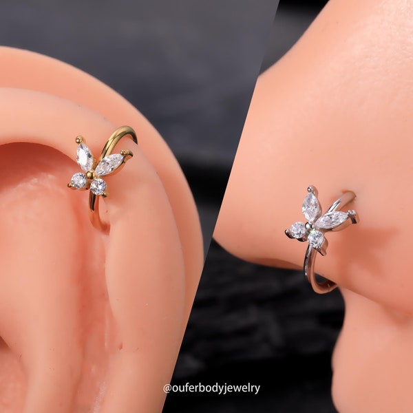 18G 20G Butterfly CZ Nose Ring/Nose Hoop/Helix Hoop Earring/Cartilage Earring/Conch/Tragus/Rook Hoop Earring/Silver Nose Ring/Gold Earrings