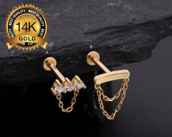 14K Solid Gold Dangle Threadless Earring/Cartilage Stud/Double Chain/Single Chain Tiny Gold Stud/Helix/Tragus/Conch/Earlobe Flat Back Studs