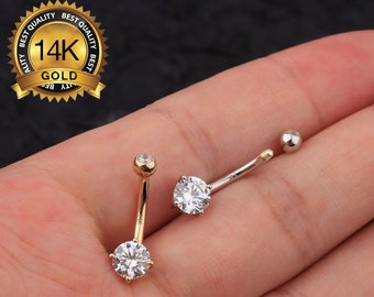 14K Solid Gold Round CZ Belly Button Ring/Belly Jewelry/Navel Ring/Belly Ring/Belly Piercing/Navel Piercing/Belly Barbell/Gift 8,10,12,14mm