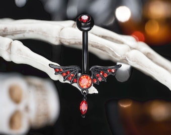 14G Halloween Black Red Gem Wings Belly Button Ring/Gold Navel Jewelry/Belly Piercing/Navel Barbell/Navel Ring/Curved Barbell/Spooky Jewelry