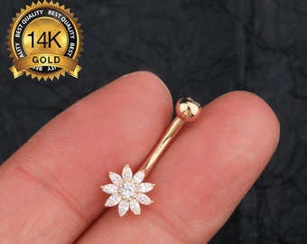 Piercing para el ombligo con forma de flor de oro macizo de 14 quilates y circonitas cúbicas, joyería floral para el ombligo.