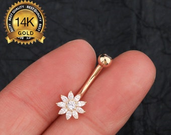 Fleur en or massif 14K CZ Anneau au nombril/Piercing floral au nombril/Piercing au ventre/Bijoux nombril/Haltère du ventre/Anneau du nombril/Haltère incurvé/Cadeaux