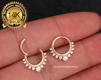 14K Solid Gold CZ Daith Earring Hoop/Septum ring/Cartilage Hoop/Nose Hoop/Tragus Hoop/Helix Hoop/Conch Hoop/Rook Piercing Hoop/Gift for her