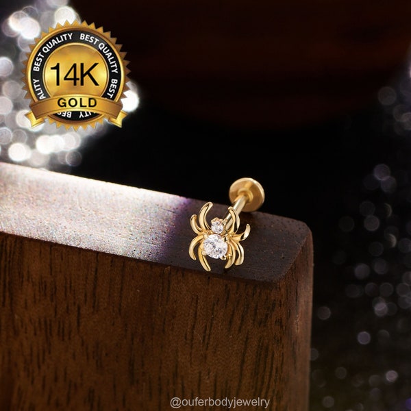 16G 18G 20G 14K Solid Gold Spider CZ Threadless Cartilage Earring/Push Pin Labret Stud/Nose/Tragus/Conch/Helix Flat Back Stud Earrings/Gifts