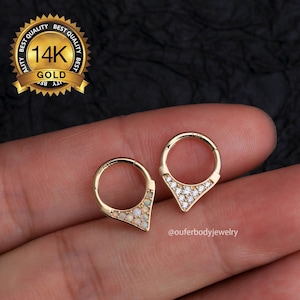14K Solid Gold CZ V Shaped Septum Ring/16G Opal Daith Piercing/Cartilage Earring/Septum Clicker Ring/Septum Jewelry/Helix/Tragus Hoop/Gifts