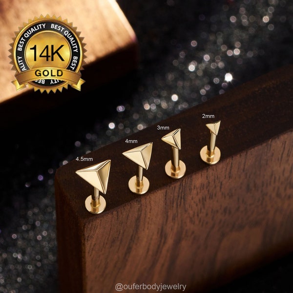 20G 18G 16G 14K Gold Tiny Triangular Threadless Push Pin Stud/3D Pyramid Cartilage Flat Back Labret/Triangle Earring/Tragus/Conch/Helix Stud