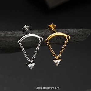 16G Triangle Drape/Dangle CZ Hidden Helix piercing/Rook Earring/Cartilage Earring Stud/Conch Earring/Flat back/Tragus Earlobe Stud/Gifts
