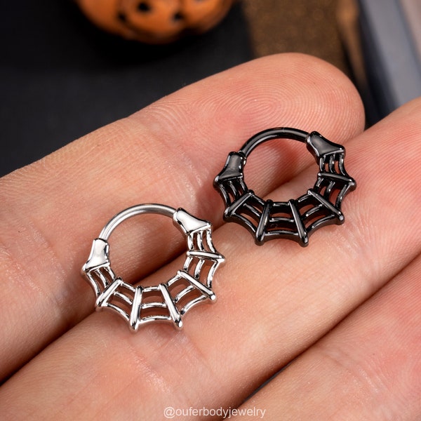 16G Spider Web Septum Ring Black Silver Clicker/Cartilage/Helix Earring/Daith Jewelry/Conch piercing/Tragus hoop/Spooky Halloween Jewelry
