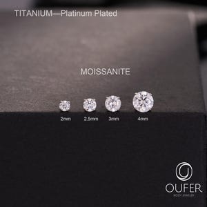 Boucle d'oreille MOISSANITE - Clou d'oreille en labret CZ et titane plaqué platine - 16 g - Boucle d'oreille à dos plat, filetage interne, cartilage, conque, hélice, clou de tragus