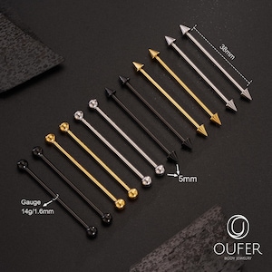 Set of 6pcs, 14G 38mm Industrial Barbells – Scaffold Piercing Jewelry with Spike/Ball Ends | Straight Barbells for Industrial Piercings