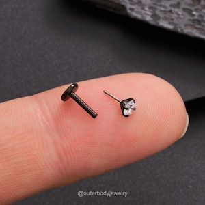 16/18/20G Titanium Threadless Black Prong CZ Stud/Cartilage Stud/Push Pin Labret Stud/Nose/Tragus/Conch/Helix Flat back Earring/Nostril/Gift