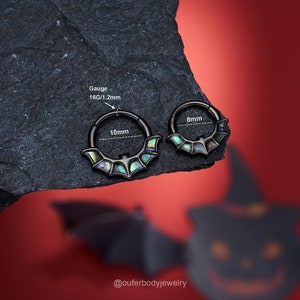 16G Abalone Shell Flying Bat Septum Ring/Daith Earring/Cartilage Hoop/Black Hinged segment Clicker/Septum Jewelry/Halloween Spooky Jewelry
