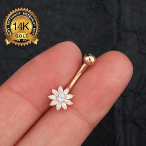 14K Solid Gold Flower CZ Belly Button Ring/Floral Navel Piercing/Belly Piercing/Navel Jewelry/Belly barbell/Navel Ring/Curved Barbell/Gifts