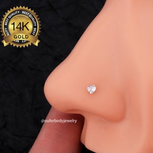 Labret à épingles sans filetage coeur 14 carats/clous de nez/anneau de nez/cartilage à dos plat/clous hélicoïdaux vers l'avant/clous de Tragus/boucle d'oreilles de conque