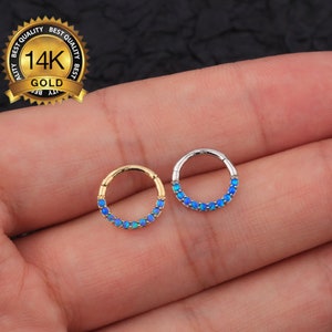 14K Solid Gold Blue Opal Septum Ring/Daith Earring/Helix Hoop/Cartilage Hoop/Hinged Hoop Clicker/Rook Earring/Tragus/Conch Hoop/Gift for her