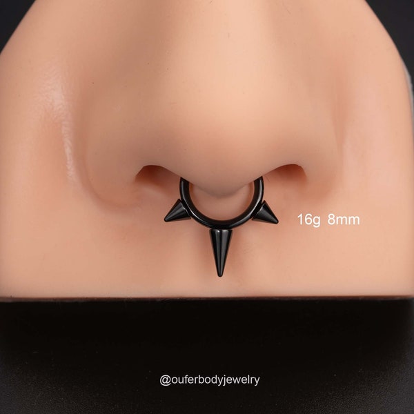 16G Implant Titanium  Black Spike Septum Ring/Nose Ring/Daith Hoop/Hinged Clicker Hoop/Triple Spikes Septum Clicker/Helix/Conch Hoop/Gifts