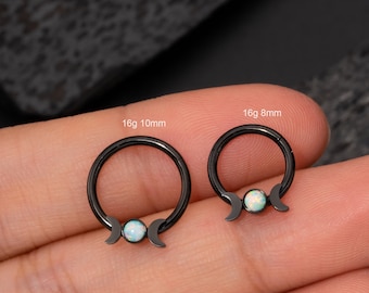 16G Opal Moon Phase Septum Ring/Black Hinged Segment Clicker/Daith Hoop/Cartilage Earring/Helix Hoop/Conch/Tragus Hoop/Septum Jewelry/Gifts