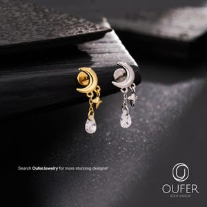16G 6mm Gold/Silver Moon Labret Stud with Teardrop Charm, Internally Threaded Celestial Earring for Conch/Tragus/Helix/Cartilage Screw Back