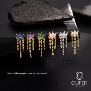 Piercing labret a perno di loto da 16 g, 8 mm, corona in zirconi cubici multicolor con catena pendente/estremità senza filetto, orecchino a fondo piatto/piercing per cartilagine, elica e lobo