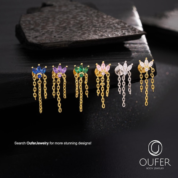 16G 8mm Lotus Push Pin Labret Stud–Multicolor CZ Crown with Dangle Chain/Threadless Ends,Flat Back Earring/Cartilage,Helix,Lobe Piercing