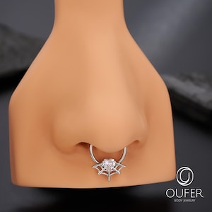 16G Clear/Black CZ Spider Web Septum Ring/Septum Hoop Clicker/Daith Earrings/Septum Piercing/Cartilage/Helix/Conch Hoop/Halloween Jewelry