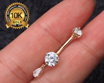 10K Solid Gold Double CZ Belly Dangle Rings/ 14G Belly Button Rings/ Navel Piercing Jewelry/ Navel Belly Ring/ Gold Navel Rings/Gift for her