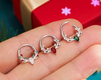 16G Antler Colorful Gem Septum Ring/Daith Earring/Teardrop CZ Cartilage Hoop/Helix Piercing/Conch/Tragus Hoop Earring/Hinged Clicker/Gifts