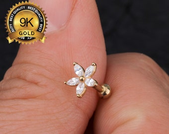 Piercing de cartílago/hélix/concha/tragus/lóbulo de la oreja/pequeños pendientes de flor en oro macizo de 9 quilates/pendientes con cierre de rosca/regalo para ella