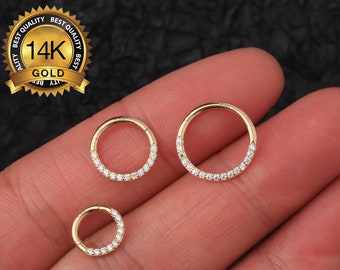 14k 16G 18G Solid Gold CZ Septum Clicker/Daith Earring/Huggie Hinged Clicker/Cartilage Hoop/Helix/Tragus/Conch/Nose/Rook Piercing Hoop/Gifts